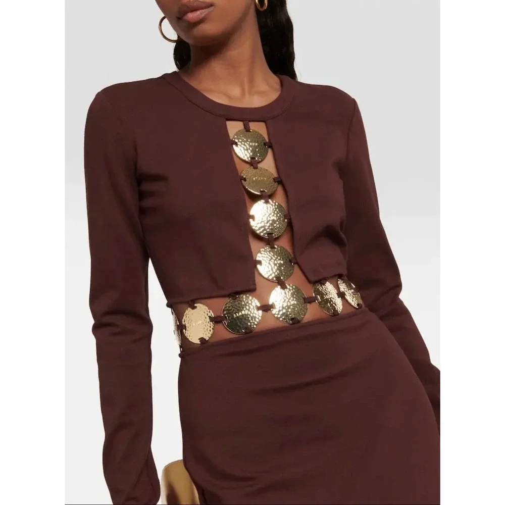 STAUD Delphine Mahogany Brown Cutout Medallion Long Sleeve Maxi Dress Size 2